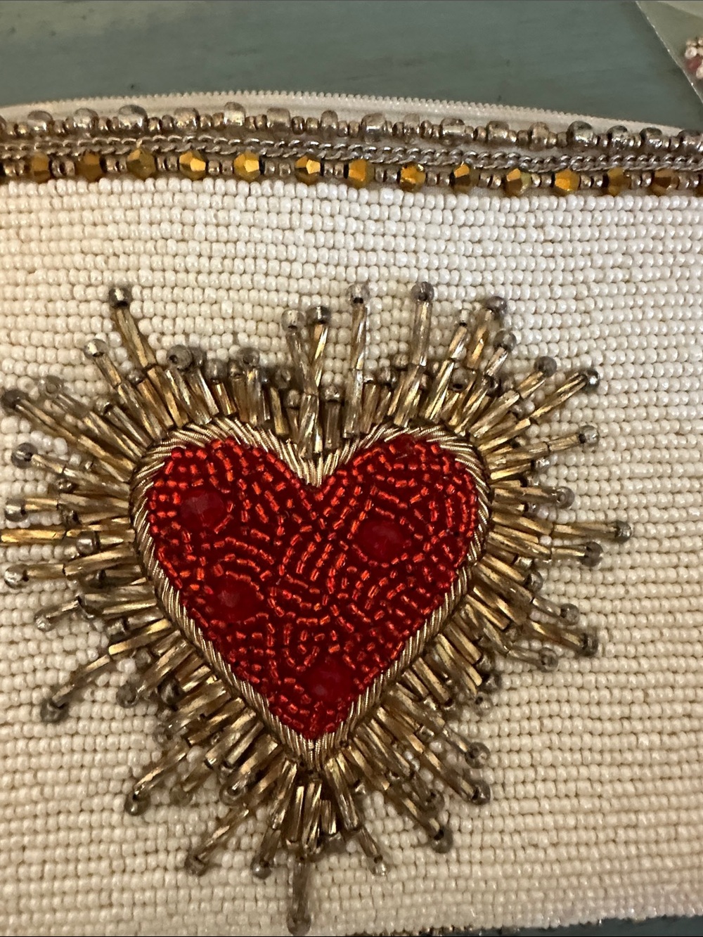 Mary Frances White Beaded Crossbody with Red Heart and Gold Accents - Picture 6 of 7